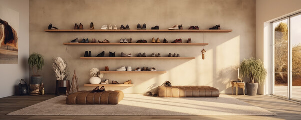 Many shoes in wooden shelves in modern house - obrazy, fototapety, plakaty