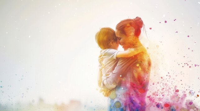 Watercolor illustration of a mother and child embrace, symbolizing love, family, and Mother's Day.