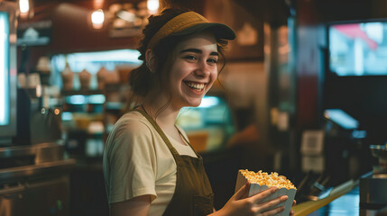 A young Woman working in the cafeteria of a movie theater falls holding a box of Popcorn to customers.