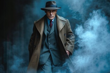 Mysterious man spy, gangster, agent, in rain and fog in a jacket, hat and cloak old fashioned - obrazy, fototapety, plakaty