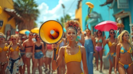 Group of happy people in swimsuits and with megaphone on street of city.