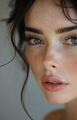 Close-up Portrait of Woman With Freckles on Face. Generative AI.