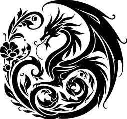 dragon silhouette flowers ornament decoration, floral vector design