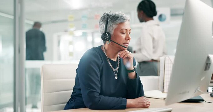 Call center, thinking and business woman on computer, stress or doubt for customer service support. Telemarketing, confused or mature sales consultant frustrated with error, glitch or problem solving - Powered by Adobe