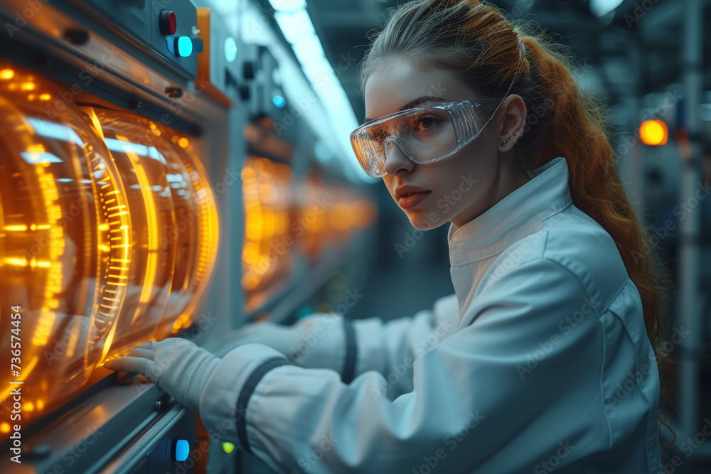Poster engineers utilizing advanced robotics in the production of energy-efficient appliances designed to r