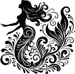 Fototapeta premium mermaid girl beauty silhouette, flowers ornament decoration, floral vector design. 