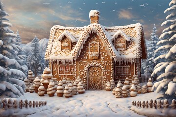 a gingerbread house covered in snow