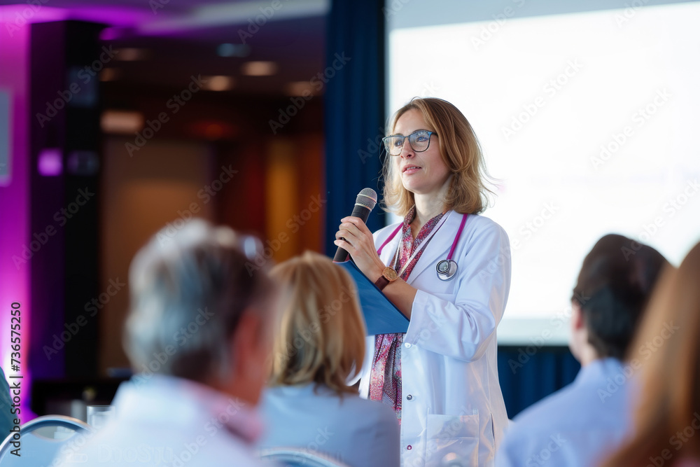 Wall mural female doctor as speaker at conference for healtcare workers, medical team sitting and listening pre