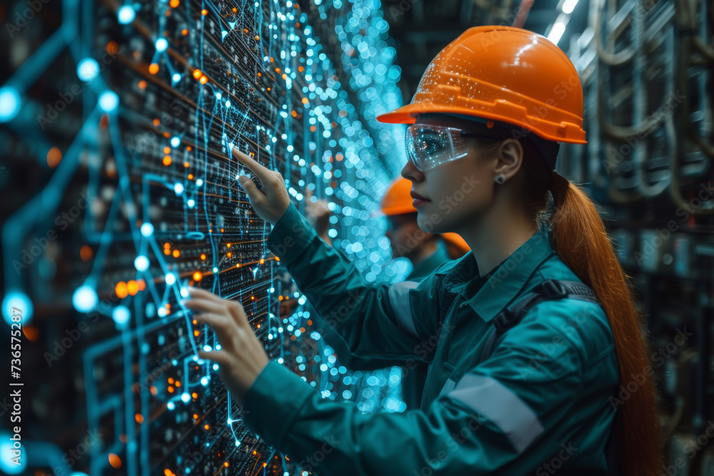 Aufkleber Engineers working on the implementation of smart grids to optimize energy distribution and consumption. Concept of intelligent energy systems. Generative Ai.
