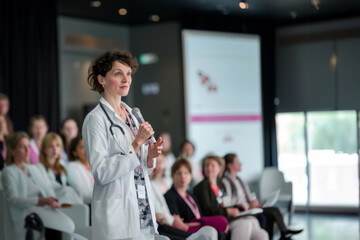 Female doctor as speaker at conference for healtcare workers, medical team sitting and listening presenter. Medical experts attending an education event, seminar in board room.