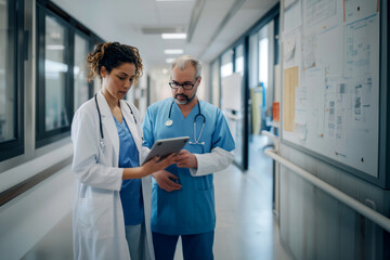 Doctor and nurse looking at test results on tablet, talking about patients diagnosis.