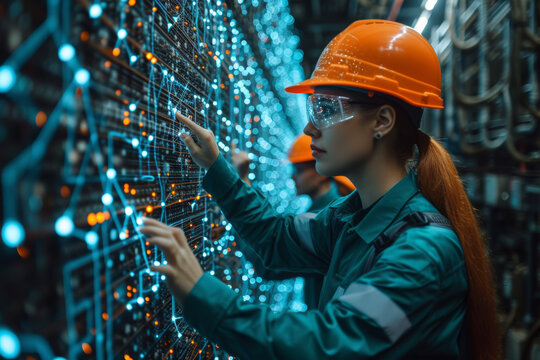 Engineers working on the implementation of smart grids to optimize energy distribution and consumption. Concept of intelligent energy systems. Generative Ai.