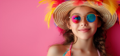 Fototapeta premium Sunny Smiles and Summer Styles - Cheerful Girl with Colorful Hat and Sunglasses. Radiant young girl in vibrant summer attire, with a straw hat and rainbow sunglasses, exuding joy on a pink background.