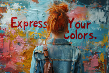 A young artist showcasing a canvas with the quote "Express Your Colors." Concept of artistic freedom and self-expression. Generative Ai.