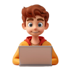 3D Illustration Render of a Cute Young Man Working on a Simple Cartoon Laptop, Isolated on Transparent Background, PNG