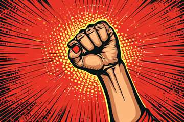 Illustration of a raised clenched fist in red and yellow hues, symbolizing women's empowerment and activism.