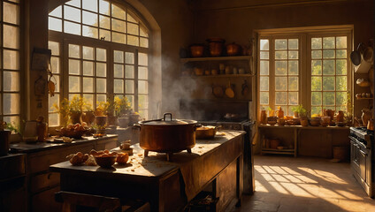 Zapach poranka w słonecznej, rustykalnej kuchni