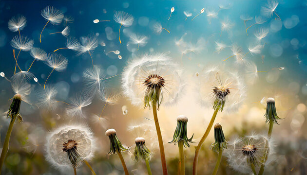 Endure. Scattering seeds to the wind. Dandelion shedding seeds. IA Generated