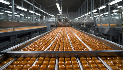 Nowoczesna linia produkcyjna cukierków karmelowych w fabryce - obrazy, fototapety, plakaty