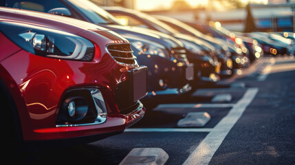 Row of parked cars in a dealership lot at sunset. - obrazy, fototapety, plakaty