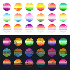 Grunge vintage sunset collection. Colorful striped sunrise badges in 80s and 90s style. Sun and ocean view, summer vibes, surfing. Design element for print, logo or t-shirt. Vector illustration