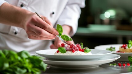 Chef decorating dessert in modern kitchen with blurred background and copy space