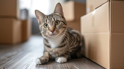 Donation concept  cat sitting in empty cardboard box amidst stack of boxes in new home