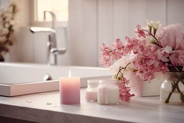 a pink candle and flowers on a counter