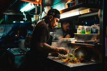 man prepares food for customers in a busy food truck