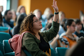 woman attending class and raising hand at the audience - obrazy, fototapety, plakaty