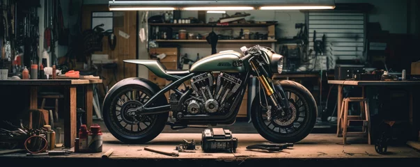 Foto op Plexiglas Retro motocylcle in front of garage full of repair tools © amazingfotommm