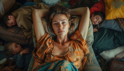 Fototapeta premium A mother is resting in her bed while the kids are sleeping