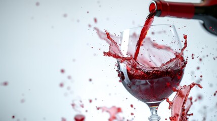 Dynamic close-up of red wine splashing out of a glass, capturing the motion against a white background. Ideal for beverage, celebration, or dynamic liquid imagery.