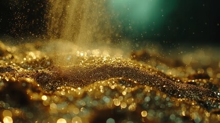 Ethereal gold bokeh on defocused emerald green background   abstract banner background