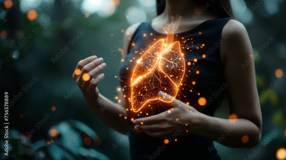 Poster holographic human liver x ray scan 3d rendering with copy space on blurred background in chest area