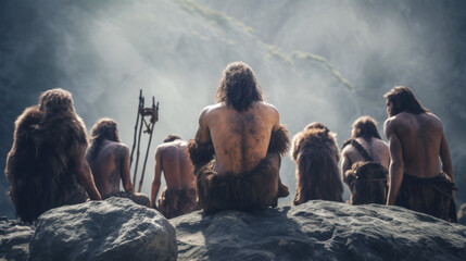 Cavemen Group Sitting on Rock Backwards - obrazy, fototapety, plakaty