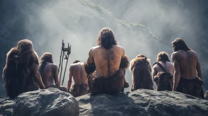 Rolgordijnen Cavemen Group Sitting on Rock Backwards © fotoyou