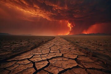 A landscape, cracked and parched from the effects of global warming, with a fiery red sky and swirling dust storms.  