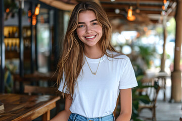 Fototapeta premium A young woman in a white t-shirt and jeans smiling in a cozy restaurant, perfect for lifestyle and fashion mockups.