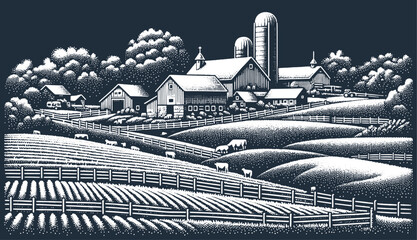 Farm Landscape. Vintage stipple woodcut engraving style vector illustration. © RetroVector