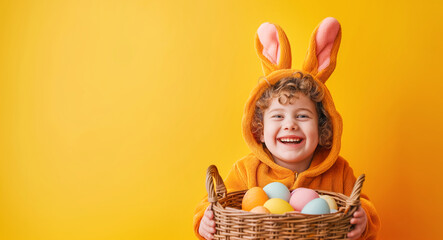 Funny happy child boy in bunny costume with basket of easter eggs on yellow background. Smiling kid with rabbit ears.