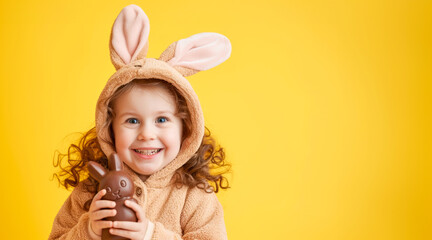 Obraz na płótnie Canvas Happy child girl in bunny costume holding easter chocolate rabbit on yellow background. Smiling kid with rabbit ears.