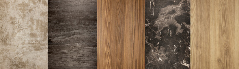 Combination of stone and wood. The concept of the interior of stone and wood-like materials. Textured wood samples.