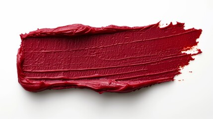 Vibrant red ketchup lotion smear swatch with smudge effect on clean white background.