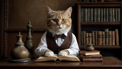 Kot intelektualista w domowej bibliotece - obrazy, fototapety, plakaty