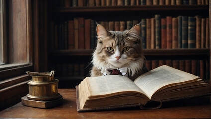 Kot intelektualista w domowej bibliotece - obrazy, fototapety, plakaty