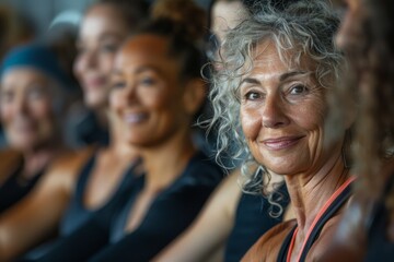 Fototapeta premium Happy Senior Woman Exercising With Group In Gym