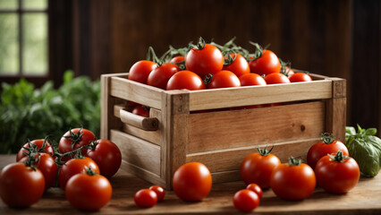  "Fresh Ripe Red Tomatoes in Wooden Box on a Cooking Table"