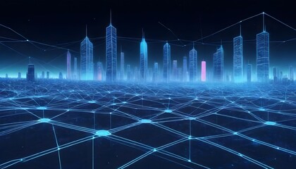 A futuristic cityscape with neon lights and interconnected grid lines on the ground