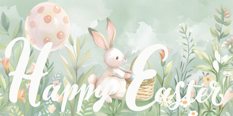 Fototapeta premium Happy Easter postcard. Whimsical illustration of a cute bunny, sitting in a serene spring garden flowers and easter eggs. Cute children decor.
